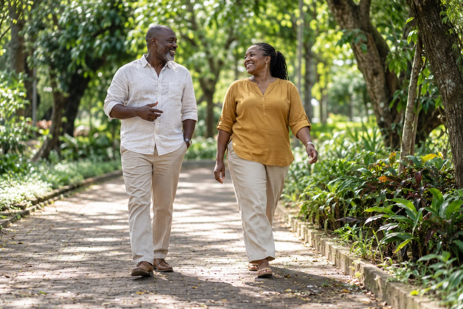 Happy African couple taking a relaxed walk together in a green park
