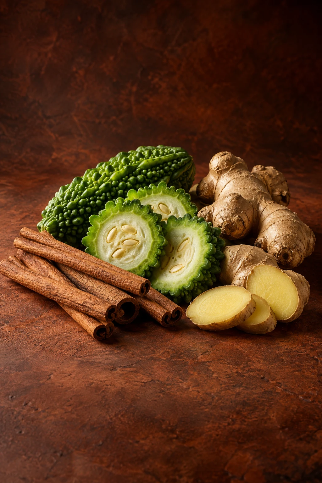 Cinnamon sticks, sliced bitter melon and ginger roots